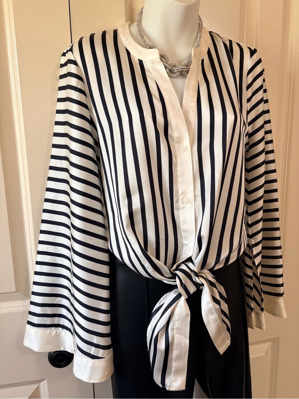 Striped Tie-Front Women’s Blouse - Black & White, size sm